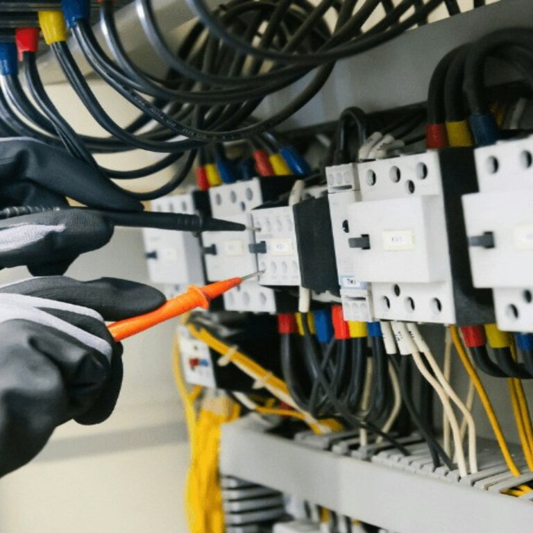 Technicien contrôlant un tableau électrique avec un multimètre