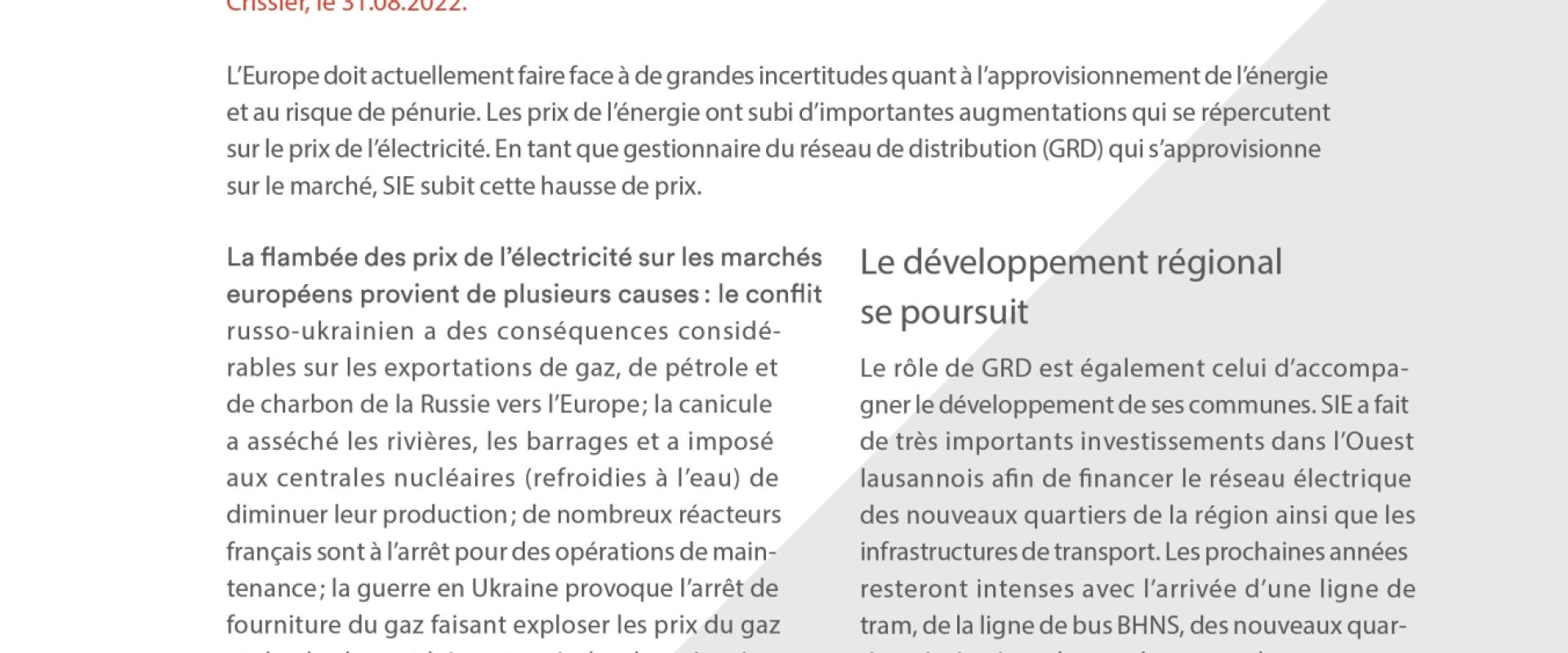 Communiqué de presse - hausse des tarifs - fluctuations du marché